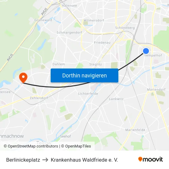 Berlinickeplatz to Krankenhaus Waldfriede e. V. map