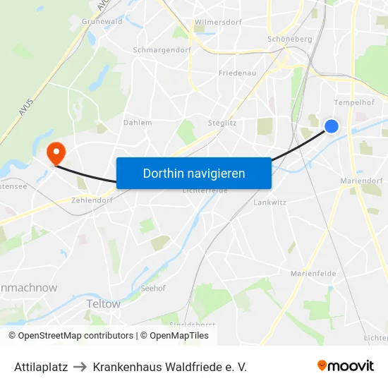 Attilaplatz to Krankenhaus Waldfriede e. V. map