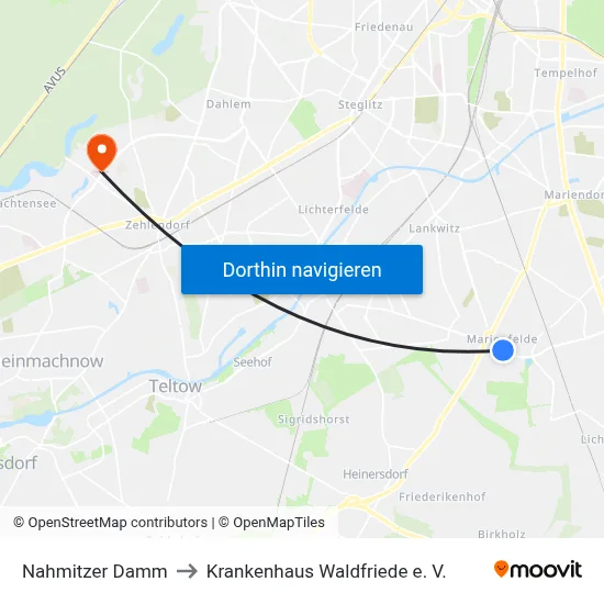 Nahmitzer Damm to Krankenhaus Waldfriede e. V. map