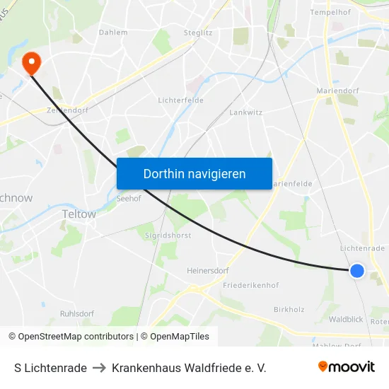 S Lichtenrade to Krankenhaus Waldfriede e. V. map