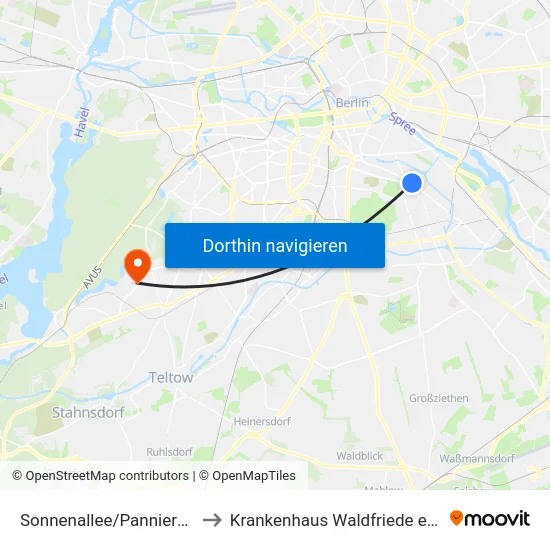 Sonnenallee/Pannierstr. to Krankenhaus Waldfriede e. V. map