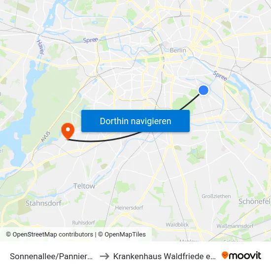 Sonnenallee/Pannierstr. to Krankenhaus Waldfriede e. V. map