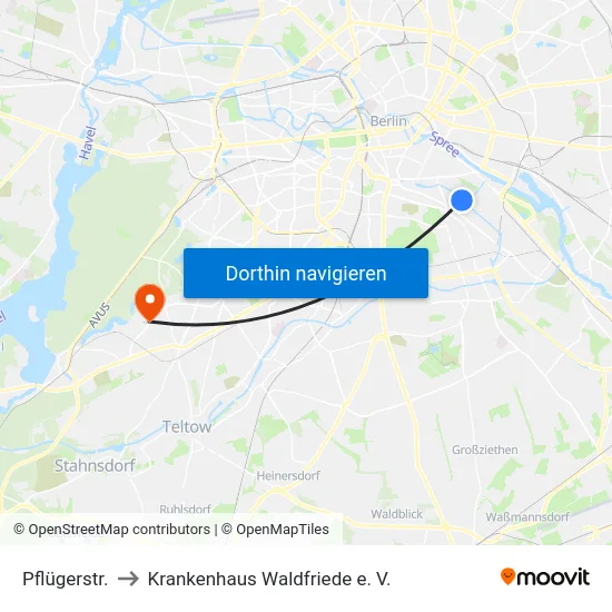 Pflügerstr. to Krankenhaus Waldfriede e. V. map