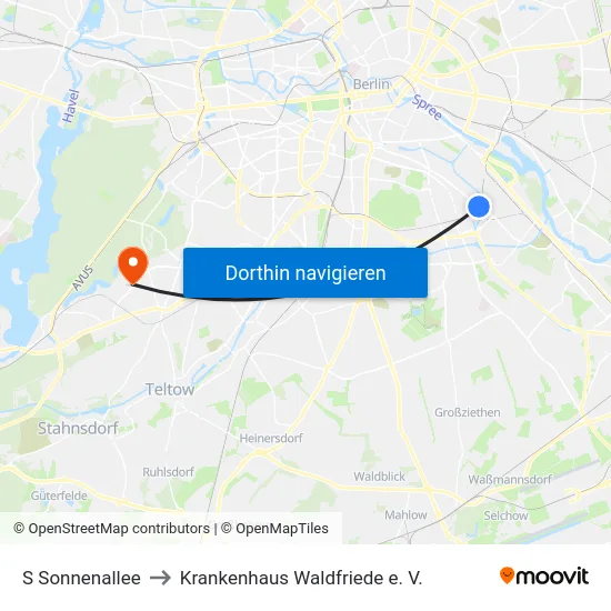 S Sonnenallee to Krankenhaus Waldfriede e. V. map