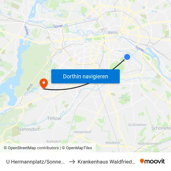 U Hermannplatz/Sonnenallee to Krankenhaus Waldfriede e. V. map
