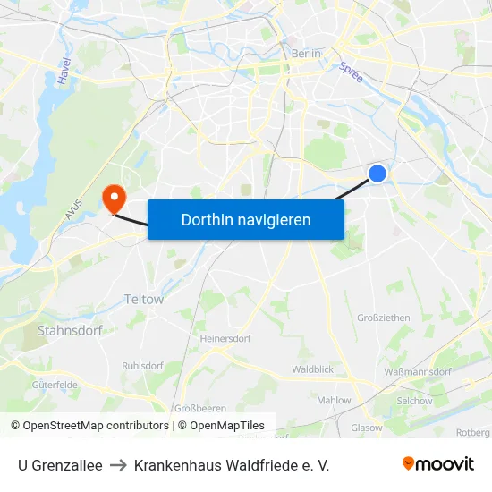 U Grenzallee to Krankenhaus Waldfriede e. V. map