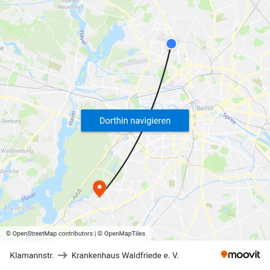 Klamannstr. to Krankenhaus Waldfriede e. V. map