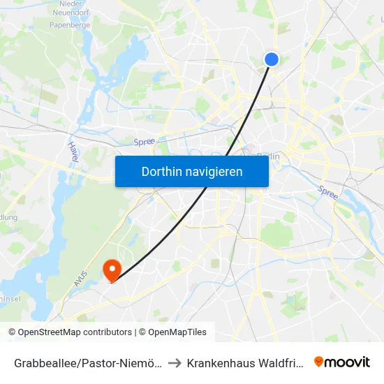 Grabbeallee/Pastor-Niemöller-Platz to Krankenhaus Waldfriede e. V. map