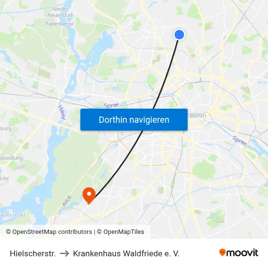 Hielscherstr. to Krankenhaus Waldfriede e. V. map