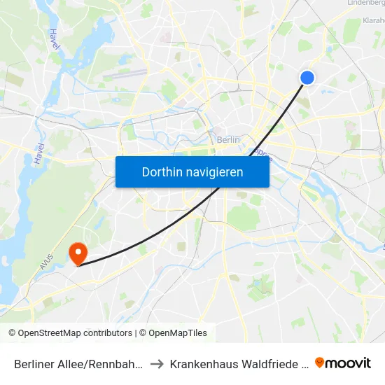 Berliner Allee/Rennbahnstr. to Krankenhaus Waldfriede e. V. map