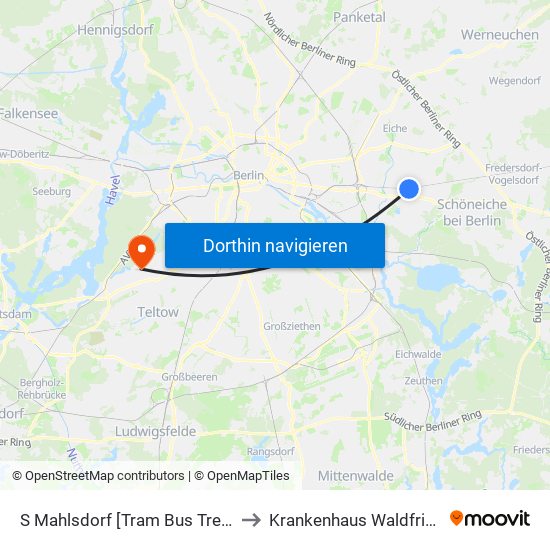 S Mahlsdorf [Tram Bus Treskowstr.] to Krankenhaus Waldfriede e. V. map