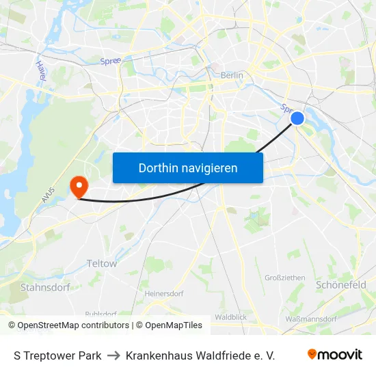 S Treptower Park to Krankenhaus Waldfriede e. V. map