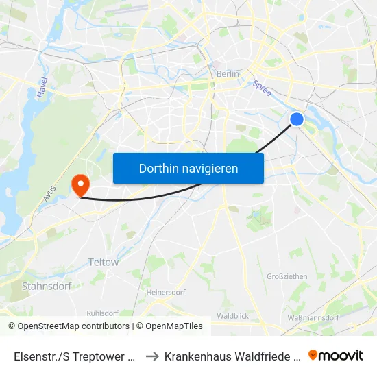 Elsenstr./S Treptower Park to Krankenhaus Waldfriede e. V. map
