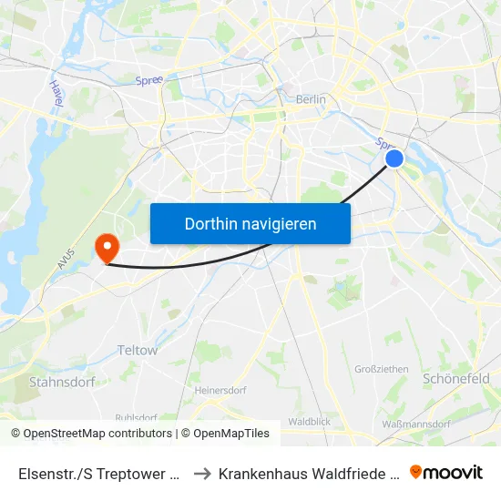 Elsenstr./S Treptower Park to Krankenhaus Waldfriede e. V. map