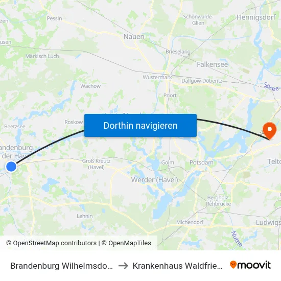 Brandenburg Wilhelmsdorfer Str. to Krankenhaus Waldfriede e. V. map