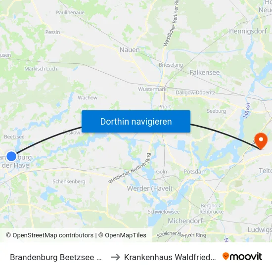 Brandenburg Beetzsee Center to Krankenhaus Waldfriede e. V. map