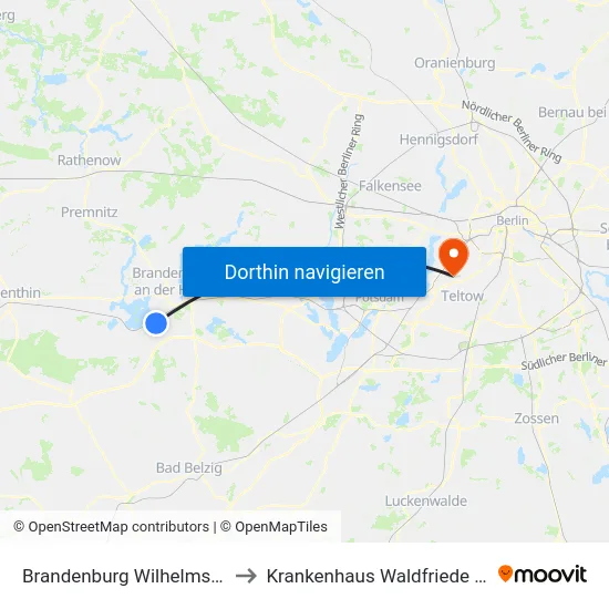 Brandenburg Wilhelmsdorf to Krankenhaus Waldfriede e. V. map