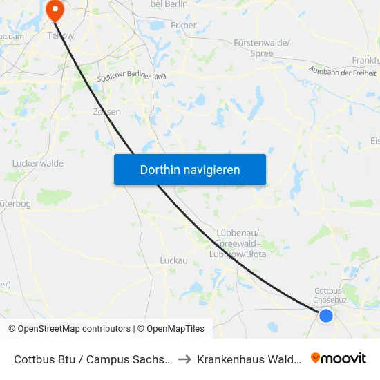 Cottbus Btu / Campus Sachsendorf (Nord) to Krankenhaus Waldfriede e. V. map