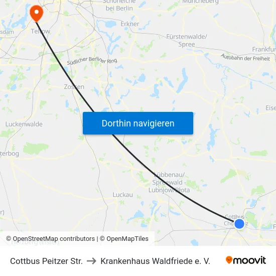 Cottbus Peitzer Str. to Krankenhaus Waldfriede e. V. map