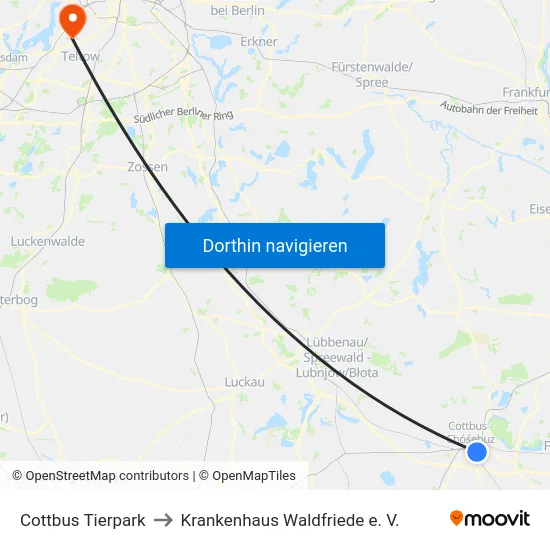 Cottbus Tierpark to Krankenhaus Waldfriede e. V. map