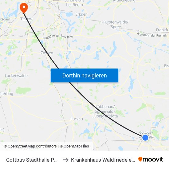 Cottbus Stadthalle Post to Krankenhaus Waldfriede e. V. map