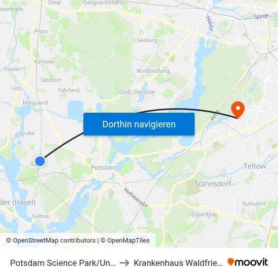 Potsdam Science Park/Universität to Krankenhaus Waldfriede e. V. map