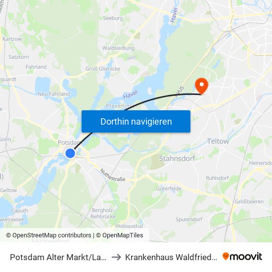 Potsdam Alter Markt/Landtag to Krankenhaus Waldfriede e. V. map