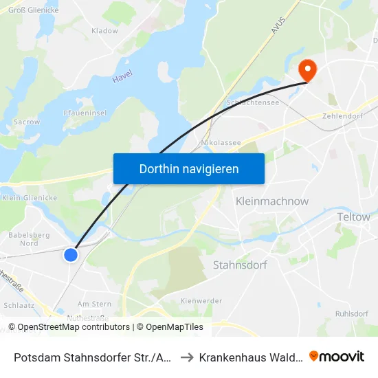 Potsdam Stahnsdorfer Str./August-Bebel-Str. to Krankenhaus Waldfriede e. V. map