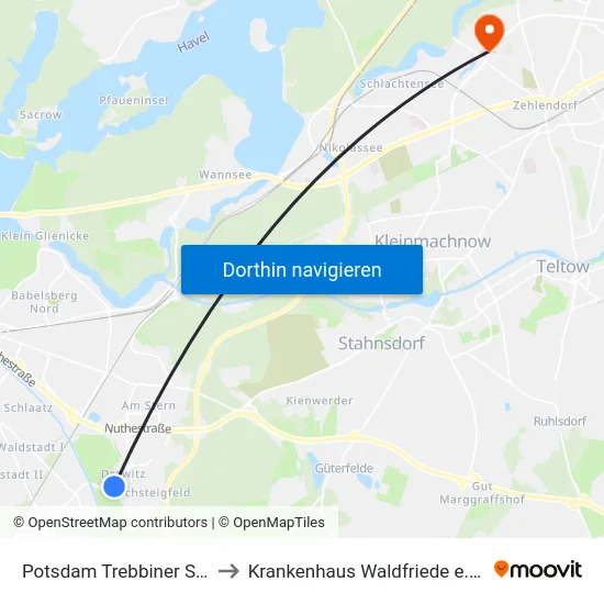 Potsdam Trebbiner Str. to Krankenhaus Waldfriede e. V. map
