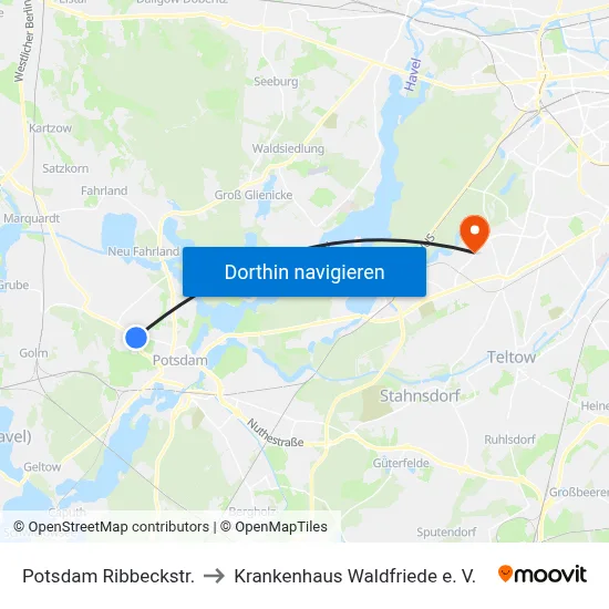 Potsdam Ribbeckstr. to Krankenhaus Waldfriede e. V. map