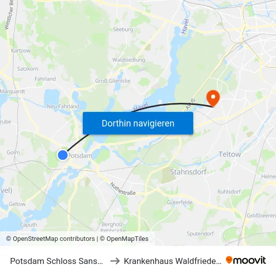 Potsdam Schloss Sanssouci to Krankenhaus Waldfriede e. V. map