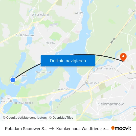Potsdam Sacrower See to Krankenhaus Waldfriede e. V. map