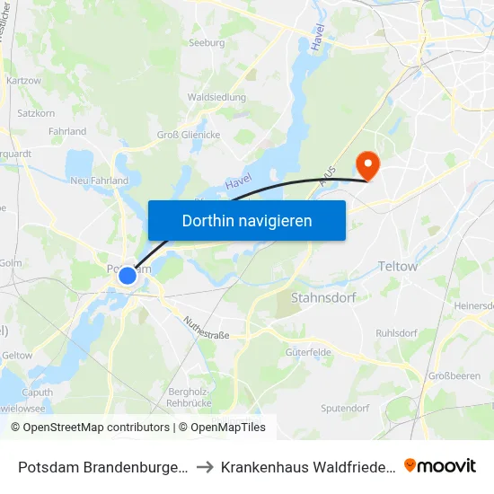Potsdam Brandenburger Str. to Krankenhaus Waldfriede e. V. map