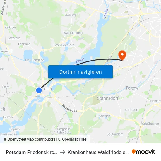 Potsdam Friedenskirche to Krankenhaus Waldfriede e. V. map