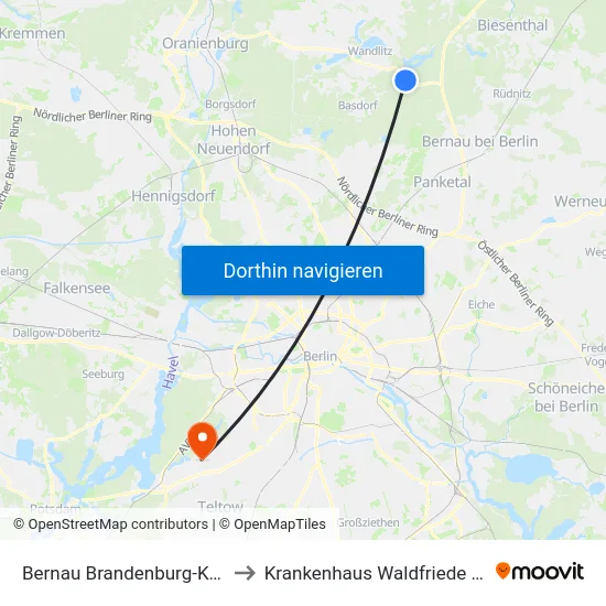 Bernau Brandenburg-Klinik to Krankenhaus Waldfriede e. V. map