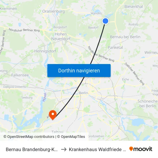 Bernau Brandenburg-Klinik to Krankenhaus Waldfriede e. V. map