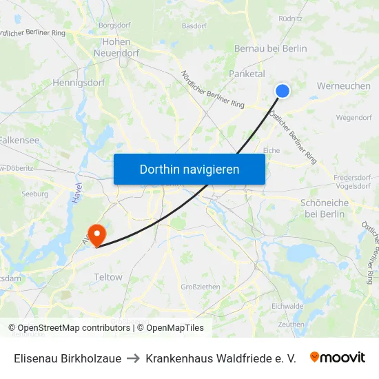 Elisenau Birkholzaue to Krankenhaus Waldfriede e. V. map