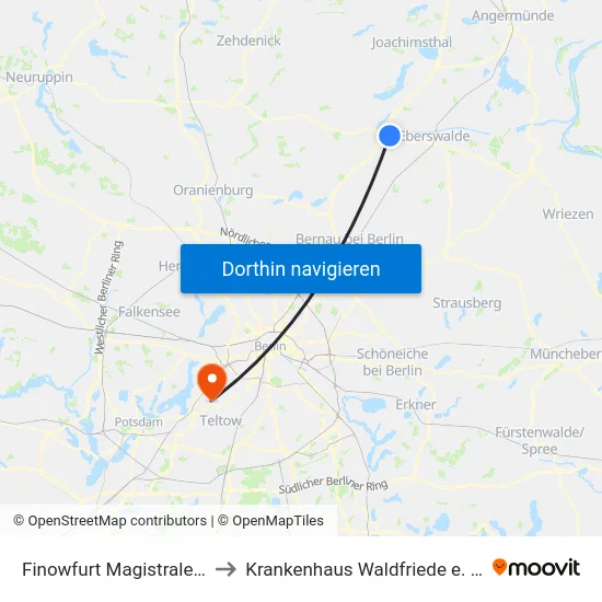 Finowfurt Magistrale 1 to Krankenhaus Waldfriede e. V. map