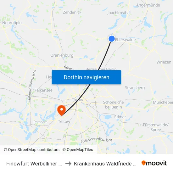 Finowfurt Werbelliner Str. to Krankenhaus Waldfriede e. V. map