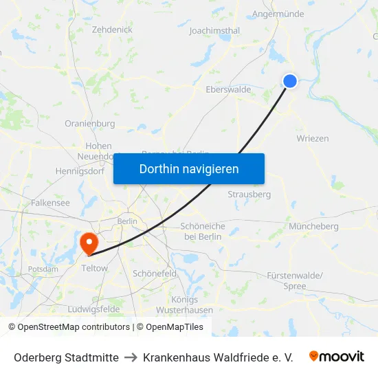 Oderberg Stadtmitte to Krankenhaus Waldfriede e. V. map