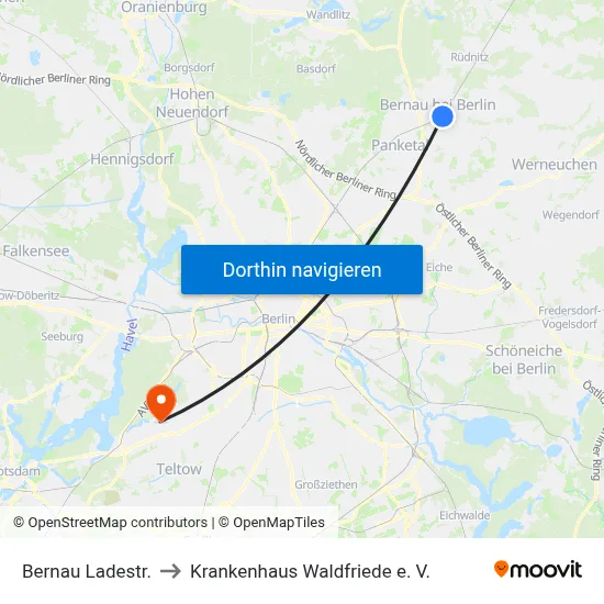 Bernau Ladestr. to Krankenhaus Waldfriede e. V. map