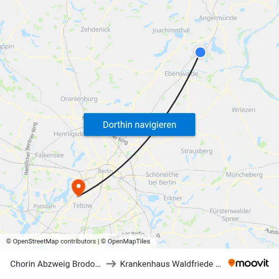 Chorin Abzweig Brodowin to Krankenhaus Waldfriede e. V. map