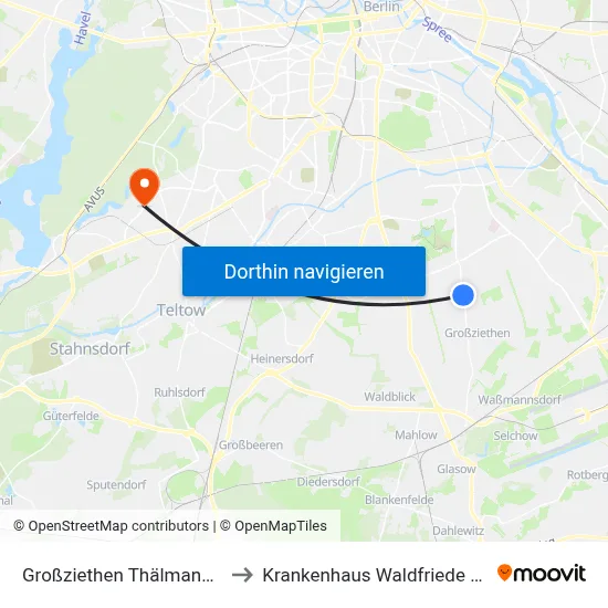 Großziethen Thälmannstr. to Krankenhaus Waldfriede e. V. map