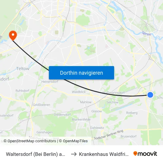 Waltersdorf (Bei Berlin) am Rondell to Krankenhaus Waldfriede e. V. map