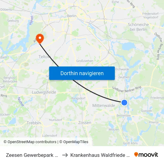 Zeesen Gewerbepark Süd to Krankenhaus Waldfriede e. V. map