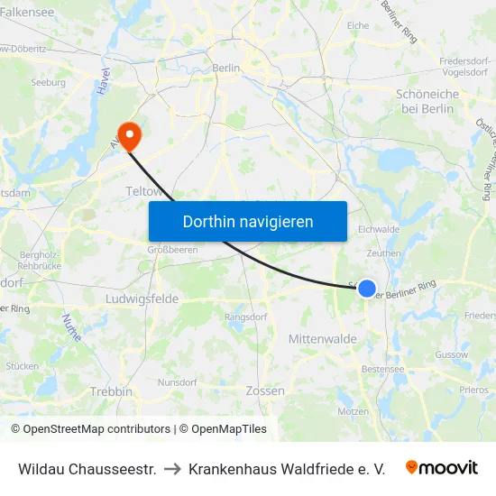Wildau Chausseestr. to Krankenhaus Waldfriede e. V. map