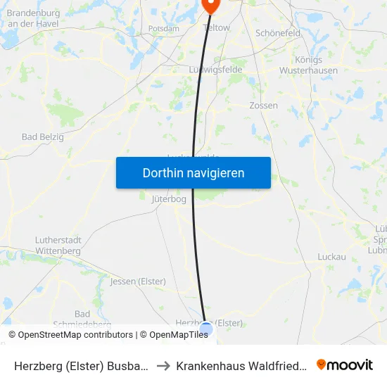Herzberg (Elster) Busbahnhof to Krankenhaus Waldfriede e. V. map