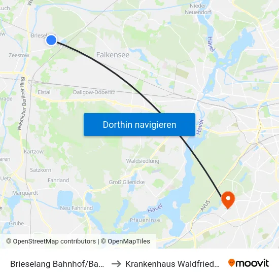 Brieselang Bahnhof/Bahnstr. to Krankenhaus Waldfriede e. V. map