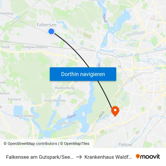 Falkensee am Gutspark/Seegefelder Str. to Krankenhaus Waldfriede e. V. map