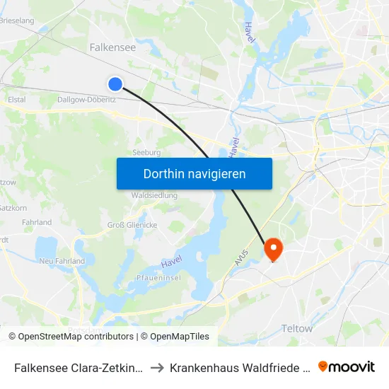 Falkensee Clara-Zetkin-Str. to Krankenhaus Waldfriede e. V. map